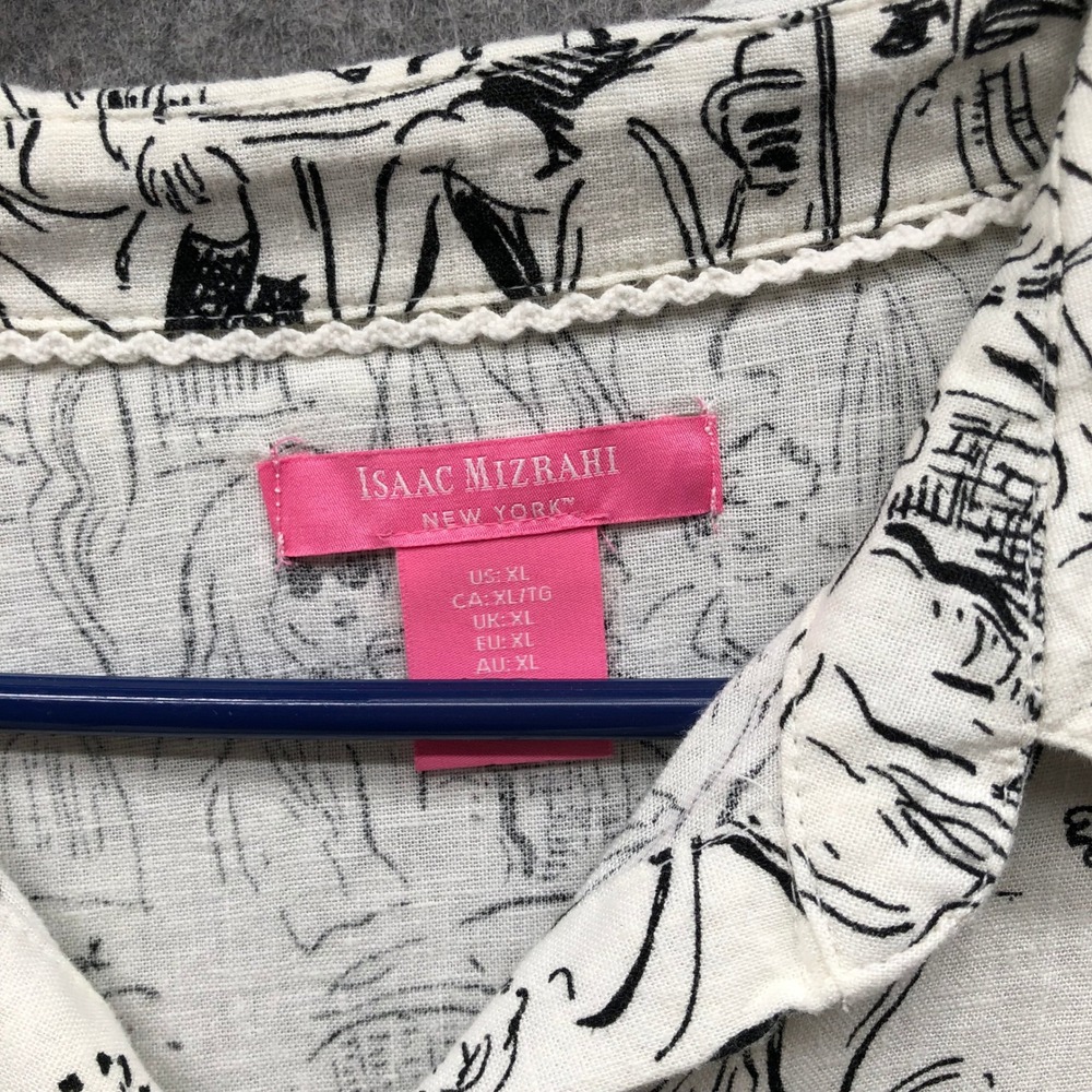 Isaac Mizrahi Toile Shirt Dress Womens XL White Black Cafe Print Linen Blend - Picture 5 of 9